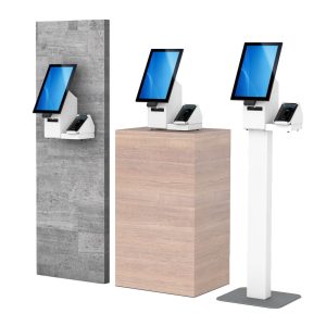 Produktdarstellung: CUPIDO mit Gesundheitskartenleser, Drucker und QR Code Scanner in drei verschiedenen Aufstellmöglichkeiten. Wandmontage, Desktop, Stand.